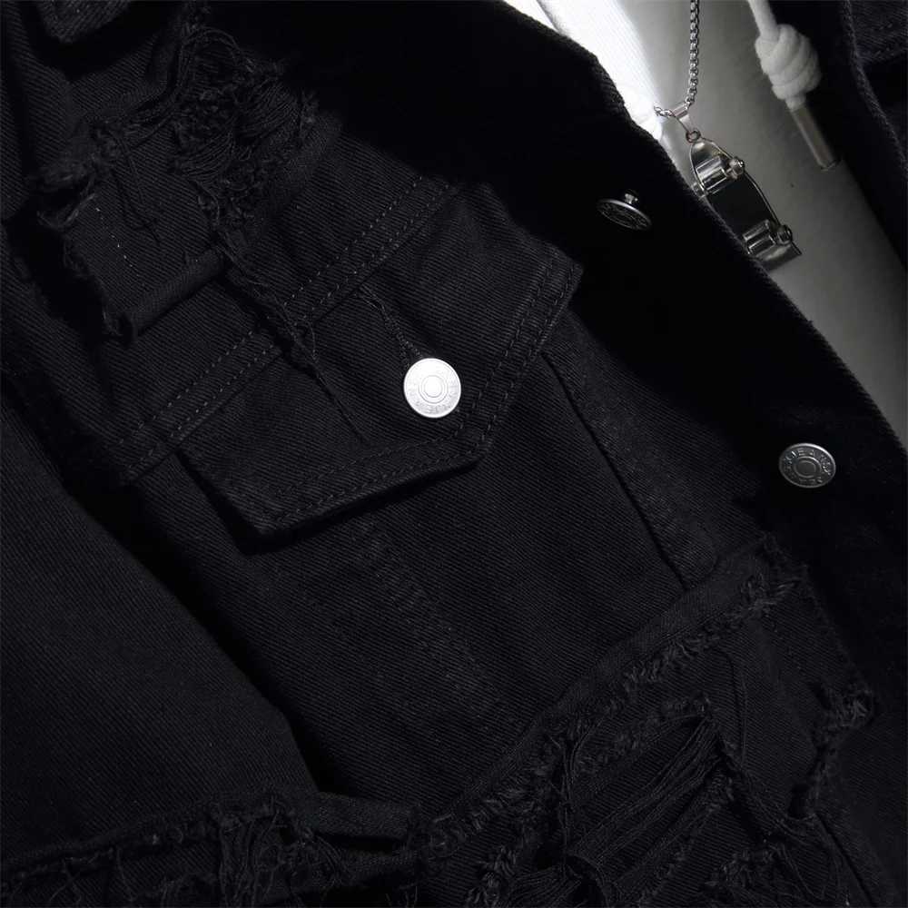 Street clothing mens stacked splicing tear ultra-thin denim jacket mens high-quality solid jacketW240711