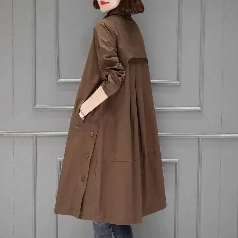2024 Spring Autumn Brown Trench Coat Womens Mid-Long Windbreaker Fashion Loose Coat Single Breasted Outwear Overcoat FemaleX240921
