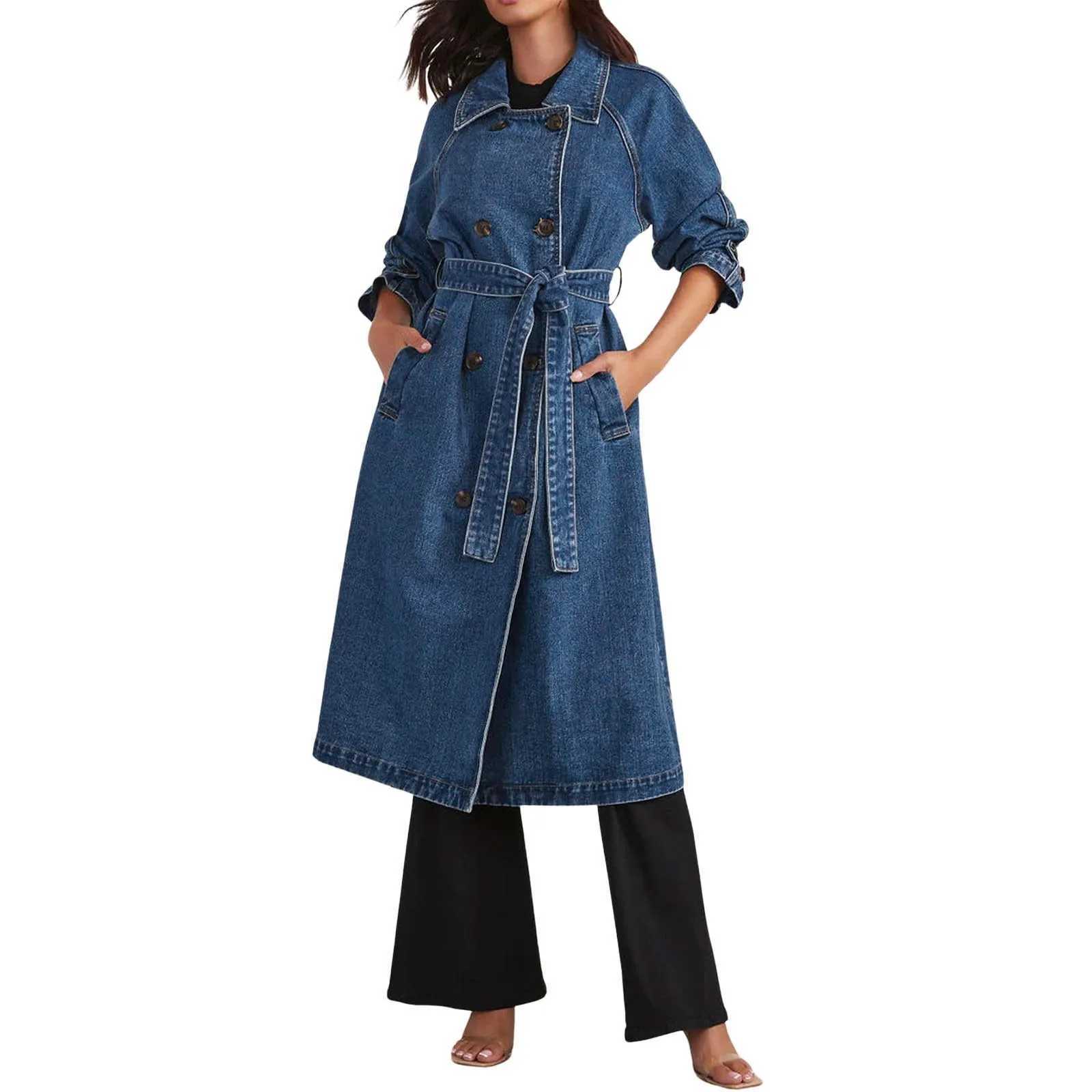 Vintage WomenS Long Overcoat Demin Windbreaker Double Breasted Belt Turn Down Collar Cardigan Jeans Coat Fashionable StreetwearX240921