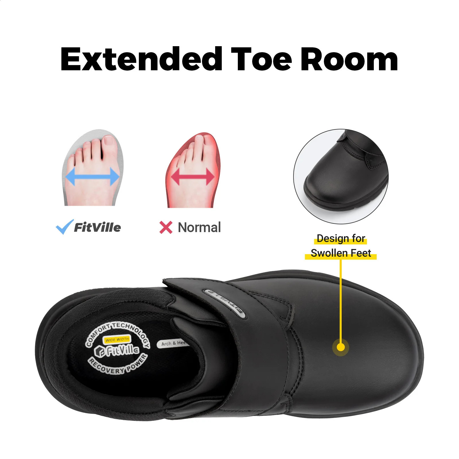 FitVille Extra Wide Mens Shoes Leather Diabetic Shoes Walking for Elder Orthopedic Toes Swollen Feet Non-Slip Arch Support 240909