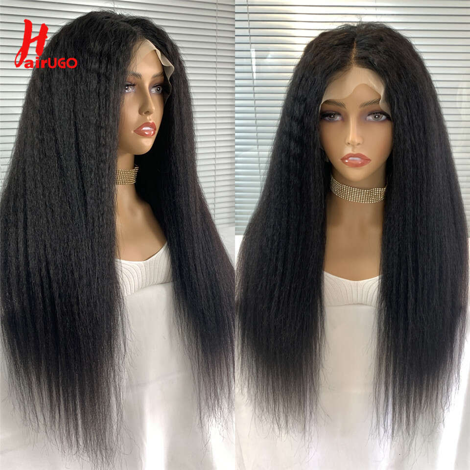 HairUGo 13*1 T Kinky Straight Remy Part For Women Human Hair 250% High Density Lace Closure Wigs