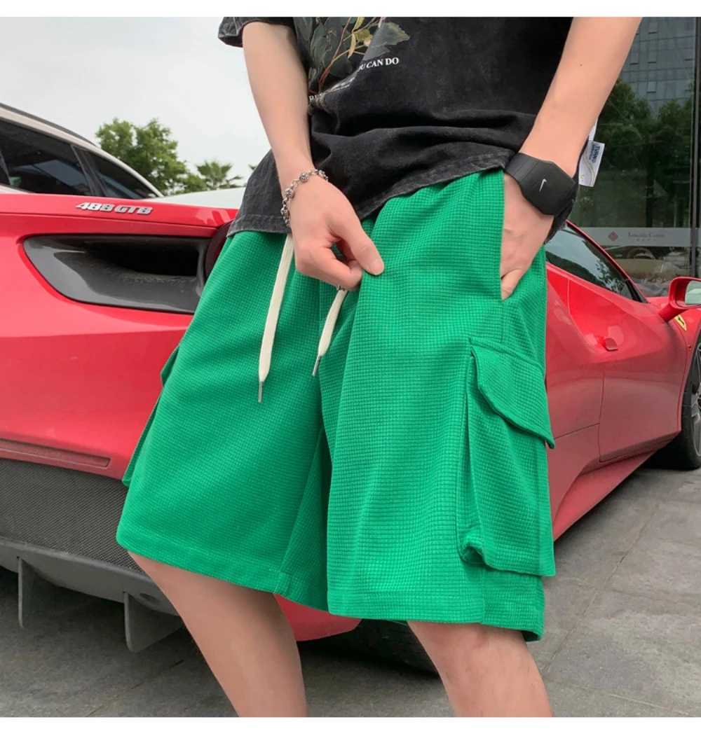 Mens summer cargo shorts Waffle fabric mens multi-pocket solid color casual shorts Youth mens sports shortsX240921