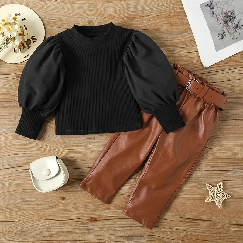 Kids Girls Clothing Set Long Puff Sleeve Ribbed Blouse TopsPU Leather Pants with Belt 2pcs For Girls Clothing Size 1 2 3 4 5 6 240920
