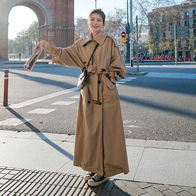 Korean Style Loose Oversized X-Long Womens Trench Coat Double-Breasted Belted Lady Cloak Windbreaker Spring Fall Outerwear GreyX240921