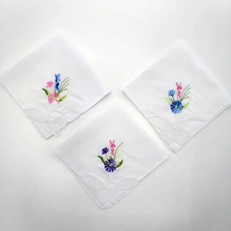 3Pcs/Set Women Basic White Square Handkerchief Floral Embroidered Pocket Hanky BX240921