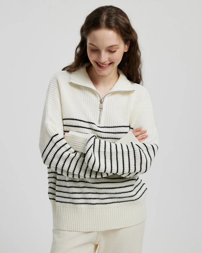 2024 Autumn/Winter New Women's High Collar Striped Color blocked Long Sleeve Zipper Pullover Knitted Sweater