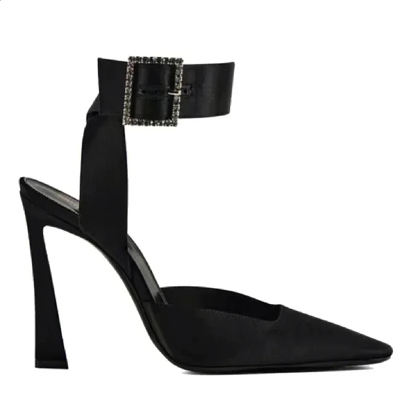 Diamond Square Buckle Stiletto Black Silk High Heels Womens Headwear Single Shoes 240919