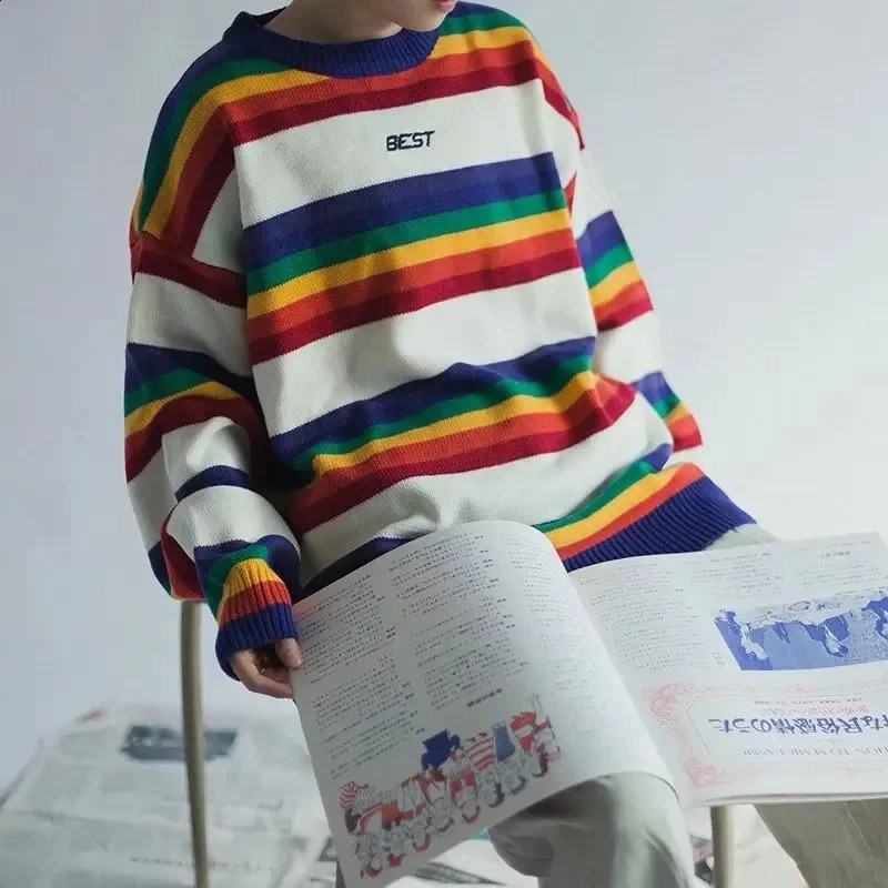 Retro colored blocked round neck knitted top with striped rainbow sweater loose fit suitable for mens autumn and winter fashion 240921