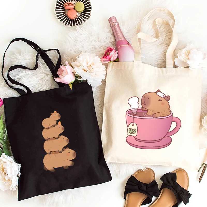 Cute Capybara Anime Shopping Bag for Women Reusable Canvas Eco friendly Shopping Bag Z250224