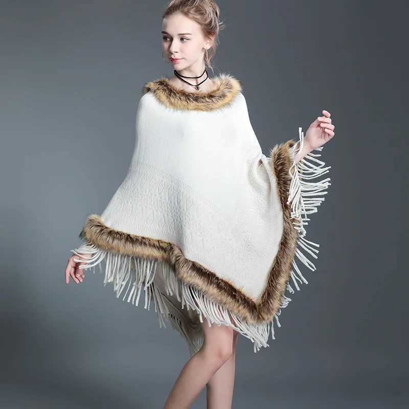 Fashionable fully decorated artificial raccoon fur with tapered corners loose and thin knitted rain cape womens spring and autumn shawl bag W240921