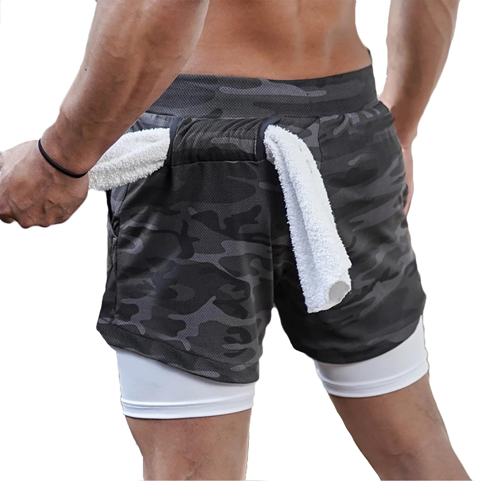 Men Running 2 In 1 Double-Deck Sport Shorts Sportswear Gym Fiess Short Pants Training Jogging Bottom Men's Clothing