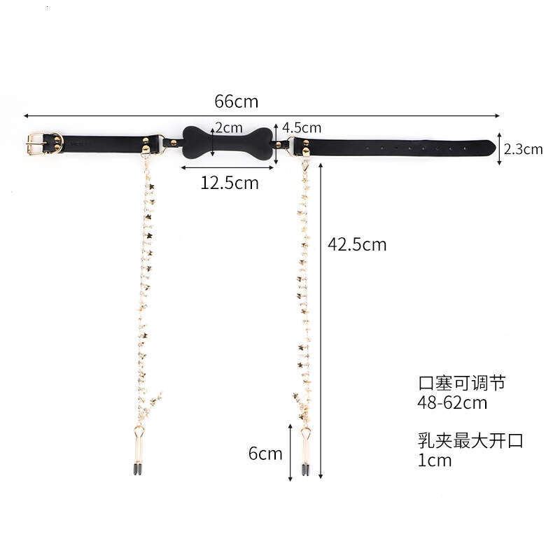 Sexy SM Prop Light Luxury Genuine Leather Silicone Mouth Stopper Maid Training Torture Tool Bone Mouth Stopper with Diamond Long Chain Breast Clip