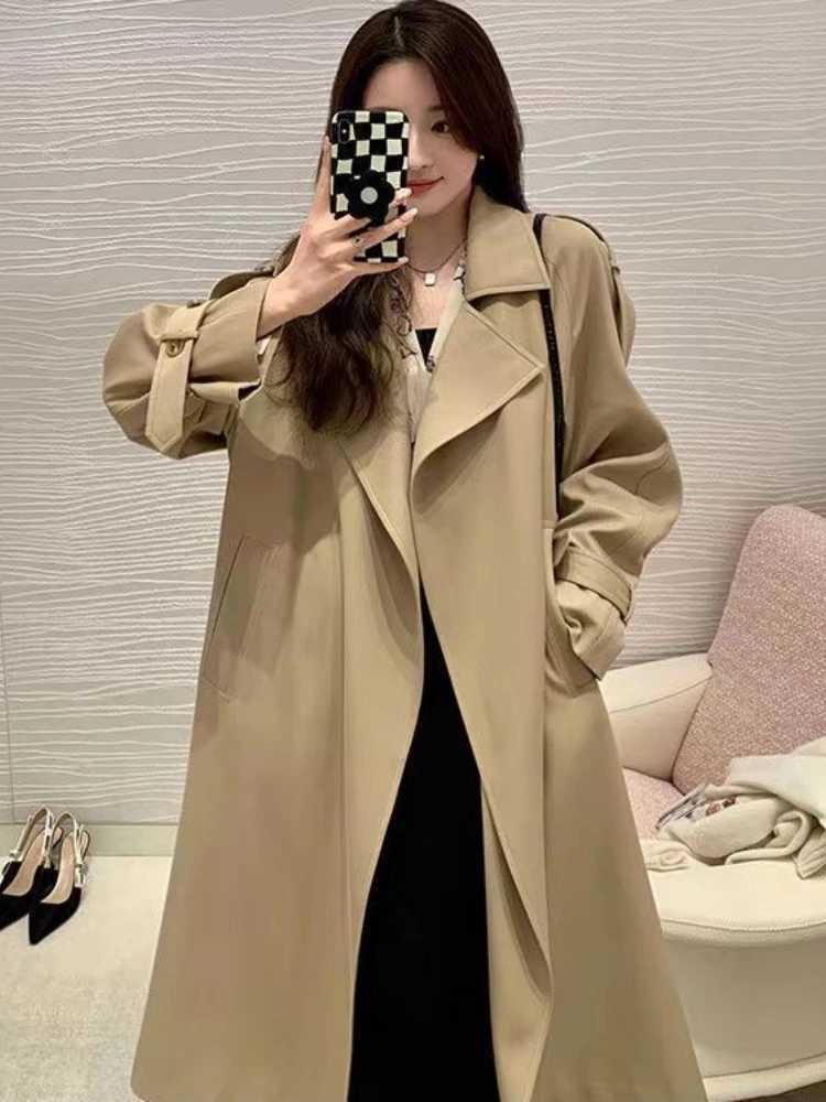 Trench Coat for Women 2023 Windbreaker Spring and Autumn High Grade Draping Medium Long Solid Color Temperament Slim Fit CoatX240921