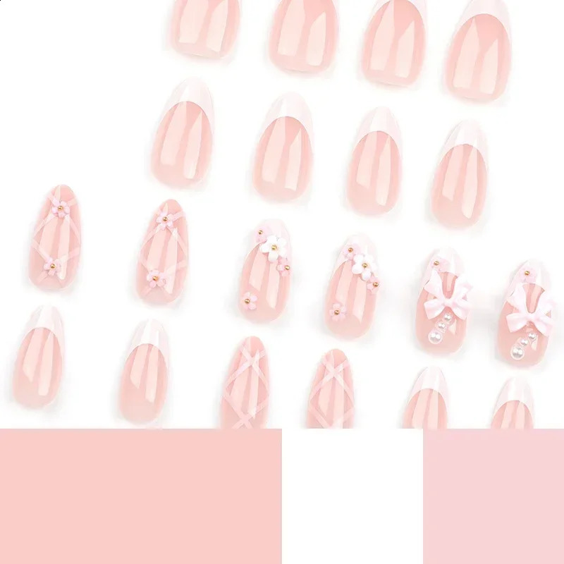 24Pcs White French Press on Nails Pink Bow Sweet Flower Pearl False Nail for Women and Nail Art Removable Wearing Nail 240914