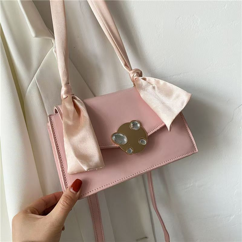 High Quality Crossbody Shoulder Ribbon Portable Fashion Women's New Solid Color Retro Small Square Bag