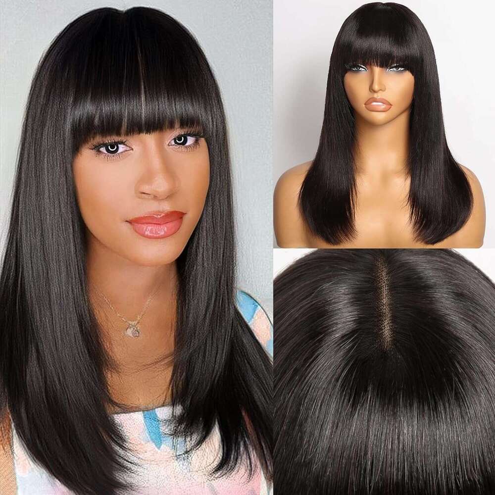 Fake 100% Human Hair Wig With Bangs For Women Cheap Brazilian Realistic Scalp Straight Lace Front Bob Fringe Wigs 30Inch