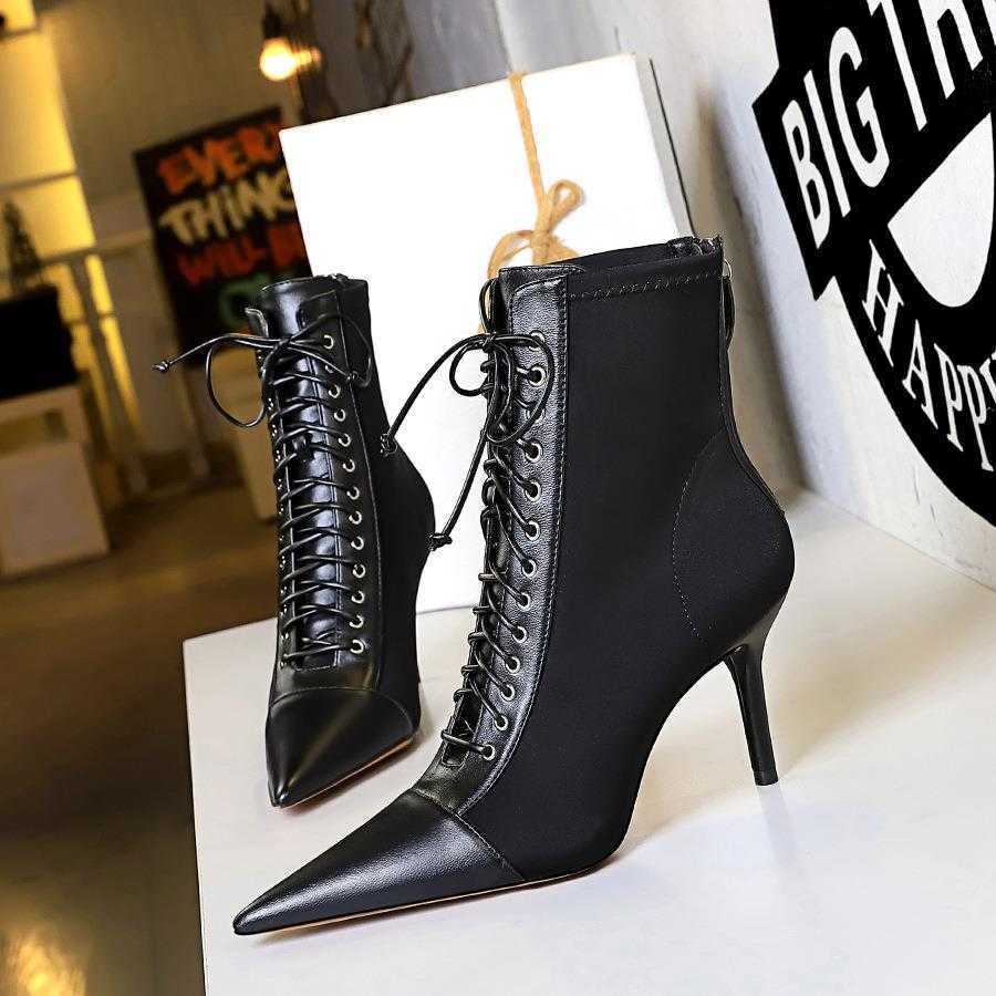 CMM Korean Fashion Sexy Slim Womens Boots Thin Heels High Heels Shallow Mouth Lace Up Cross Short Boots