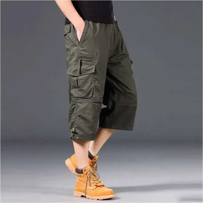 Summer Knee Length Cargo Shorts Mens Loose Casual Cotton Multi Pockets Breeches Capri Short Jogging Camouflage Tactical ShortsX240921