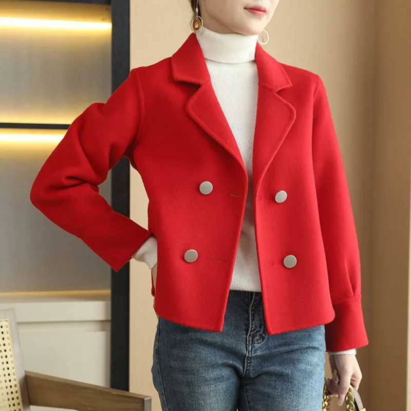 Spring and autumn double-sided wool coat high-end womens fashion simple Korean style loose short wool jacket set collar womens coat W240921