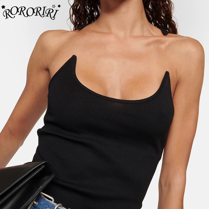 RORORIRI solid black invisible shoulder strap vest for womens casual wear with builtin bra ribs knitted top strapless 240921