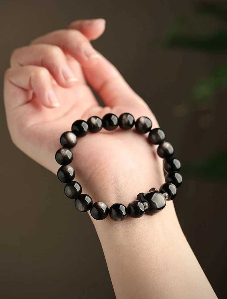 1 Pc Fashion Obsidian Cat Head Geometric Minimalist Natural Stone Black Beaded Bracelet Women Men Party Gift Daily JewelryX240921