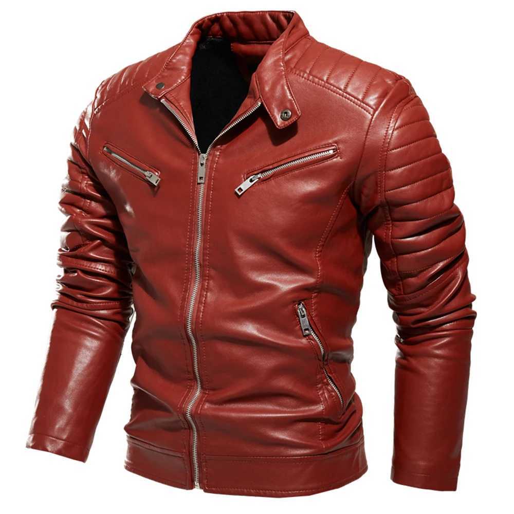 Mens fur lined warm motorcycle jacket ultra-thin street fashion black bicycle jacket with pleated design zipper 2024 winter black leather jacket W2409