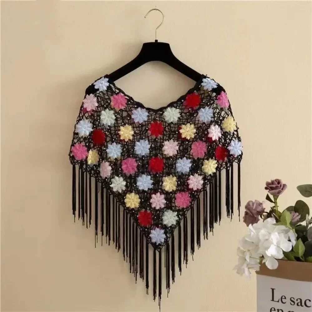 Thin crochet knitted Cape Town womens fashionable ethnic style jacket womens clothing tassel shawl raincoat womens summer bag jacket W240921