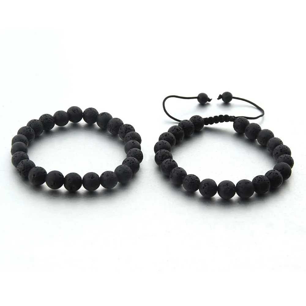 Minimalist black volcanic stone 8mm beaded woven mens bracelet adjustable jewelryX240921