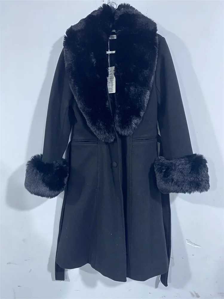 LOLIBOOK Womens Winter Warm Cotton Coat with Large Fur Collar A-line Ultra Thin Wool Coat French Fashion Hepburn Thick Artificial Fur Coat W240921