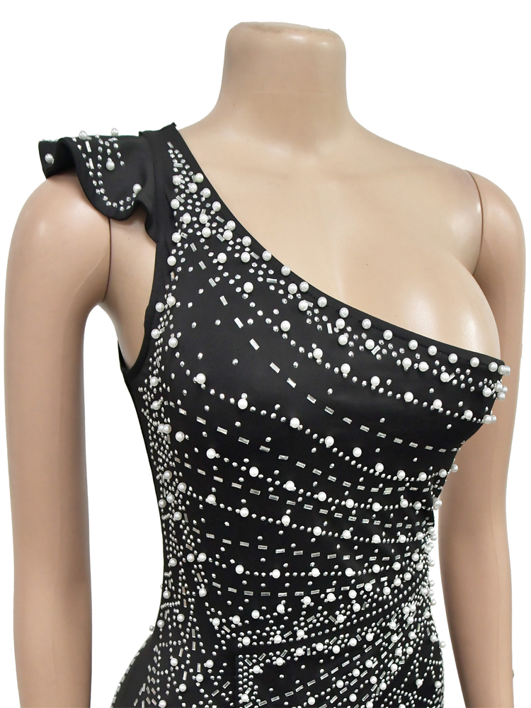 Elegant Single Shoulder Pearls Rhie Maxi Long One-Piece Gown Sequins Woman Party Dress Night Clubwear
