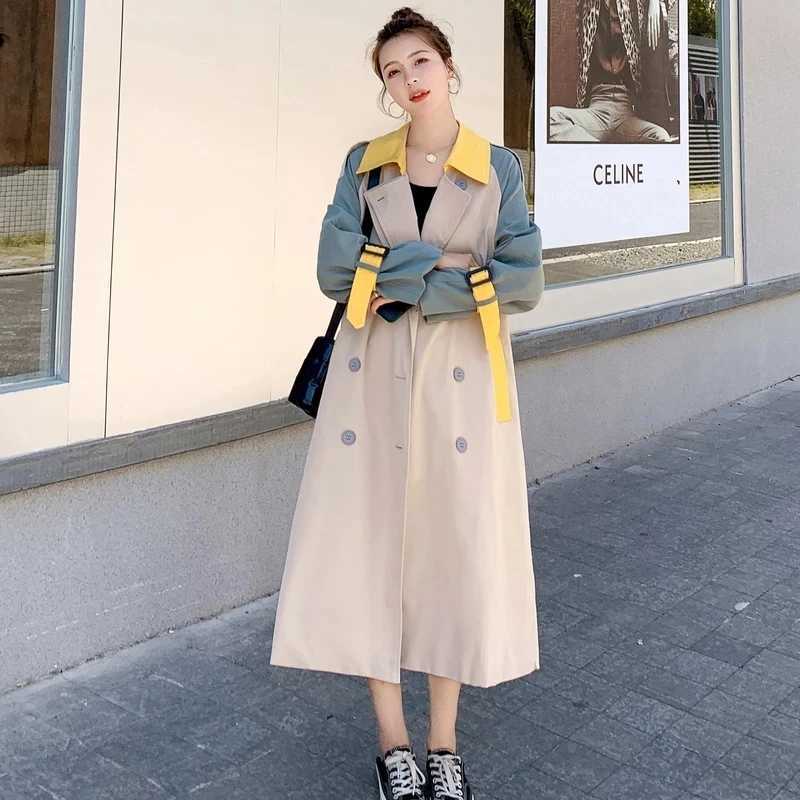 2023 Spring Fall Korean Patchwork Color Women Mid-length Trench Coat With Belt Double-Breasted Lady Windbreaker Female OuterwearX240921