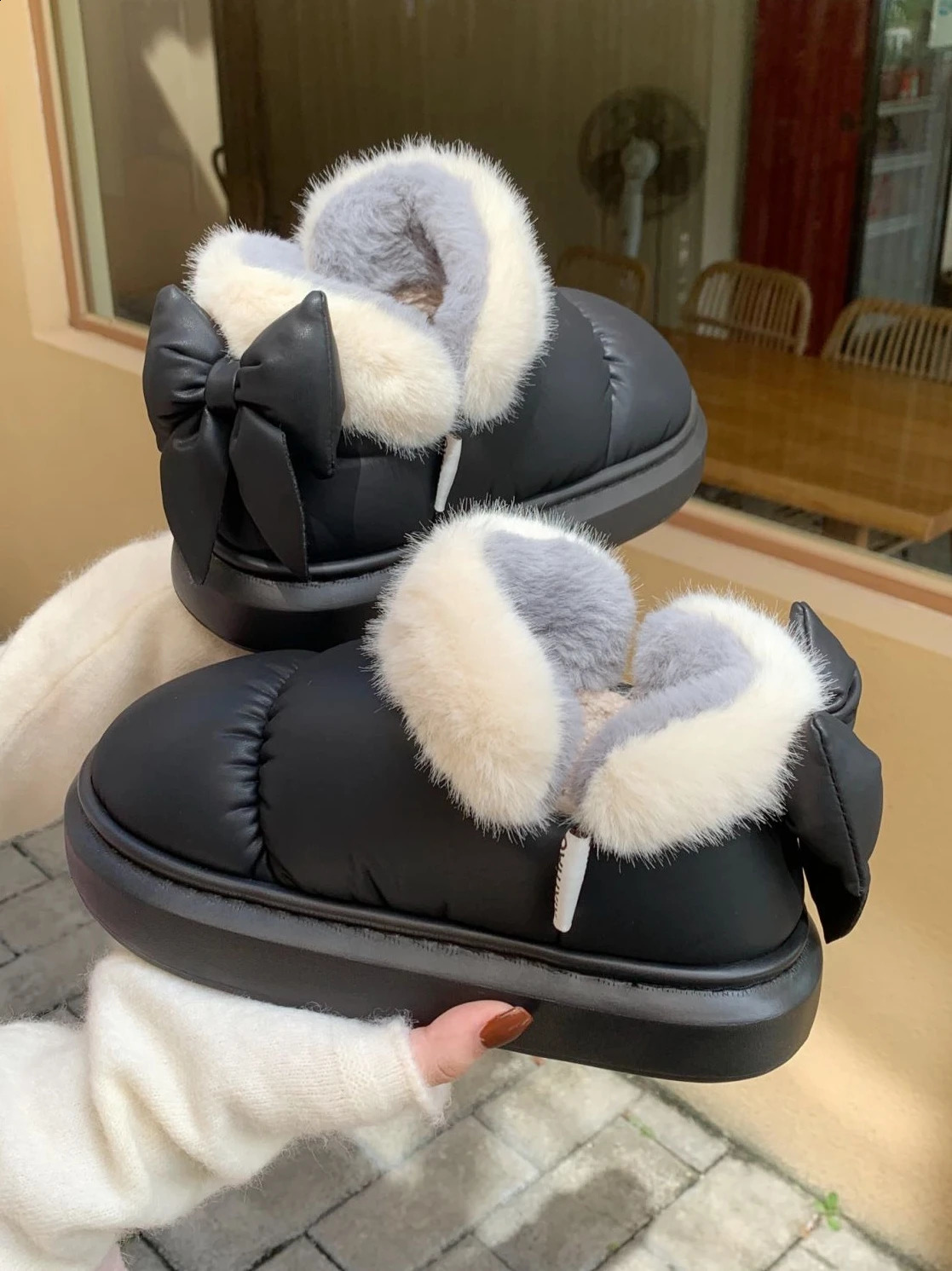 Bow Knot Short Ankle Snow Boots Women Winter Plush And Thick Insulation Waterproof PU Cotton Household Shoes Home Slipper Women 240914