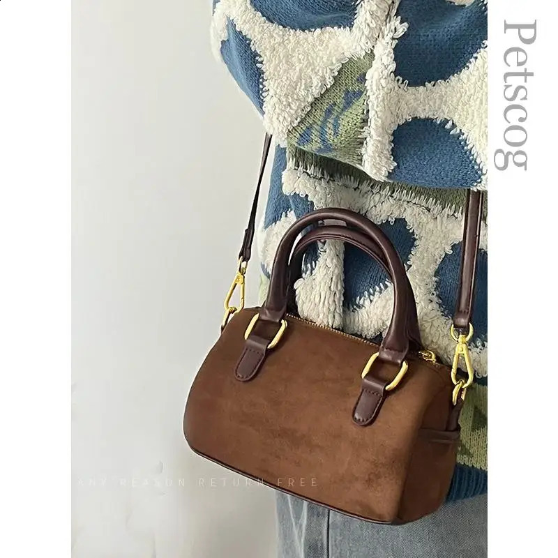 Vintage Womens Handbag Suede Leather Zipper Box Shape Top-handle Crossbody Clutch Purse Female Fashion Shoulder Bags 240918