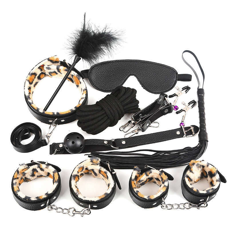 SM Sex Props Leopard Pattern 10 Piece Set 5m Sex Binding Rope Leopard Pattern Sex Handcuffs Training Mouth Stopper Whip
