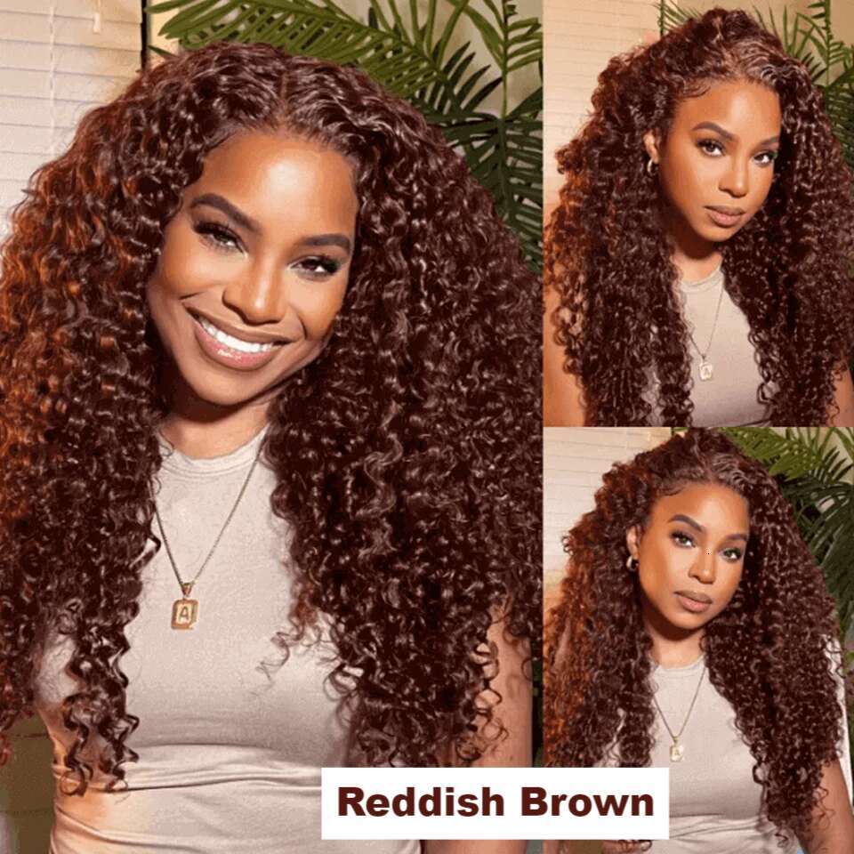 Reddish Deep 13x4 HD Transparent Curly Front Human Hair for Girls Chocolate Brown Lace Frontal Wig