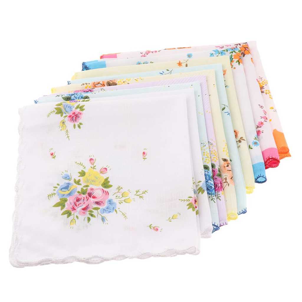 10x Women Cotton Printed Handkerchief Hanky Kerchiefs Pocket Square Blossom Design with Wavy Edge Women HandkerchiefsX240921