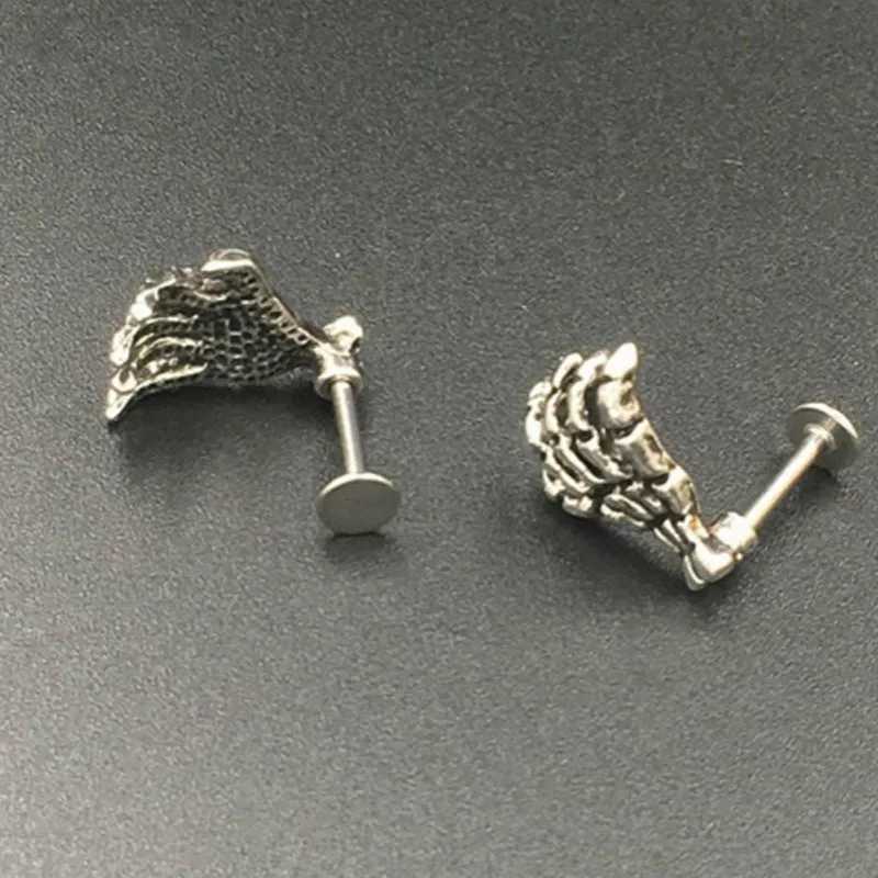 Skull Devil Hand Lip Piercing Jewelry Skeleton Labret for Women Men Palm Stud Earrings Christmas Gift Hot Unique Punk Metal 1pc Y240921