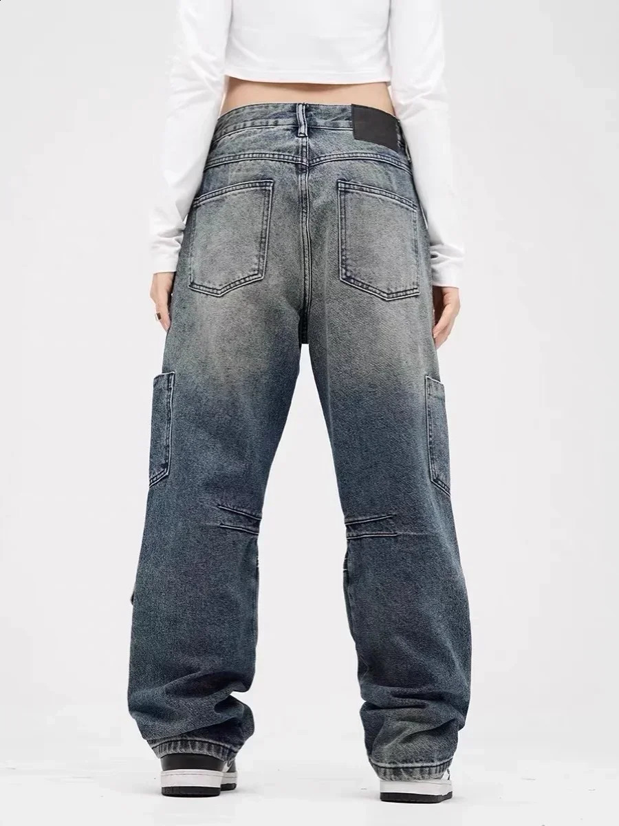 2024 Blue Womens Jeans Hip-hop Fashion Vintage Streetwear Y2K Wide Leg Straight Jean High Waist Trouser Baggy Cargo Denim Pants 240918