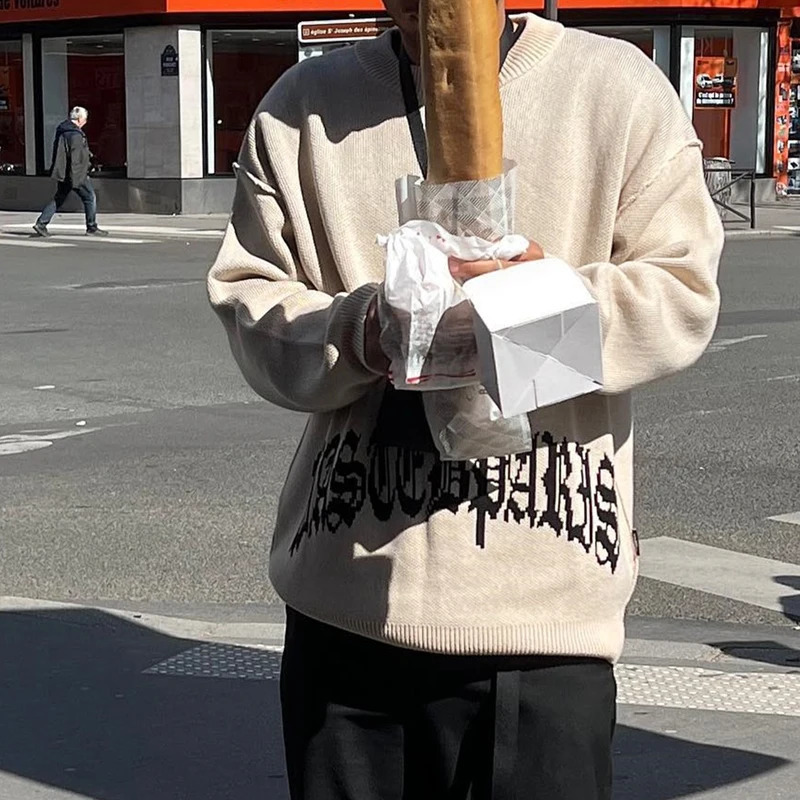 Aesthetics Hip Hop Gothic Y2K Letter Embroidered Knitted Sweater Harajuku Mens and Womens Loose Top Street Wear Pullover Sweat 240912