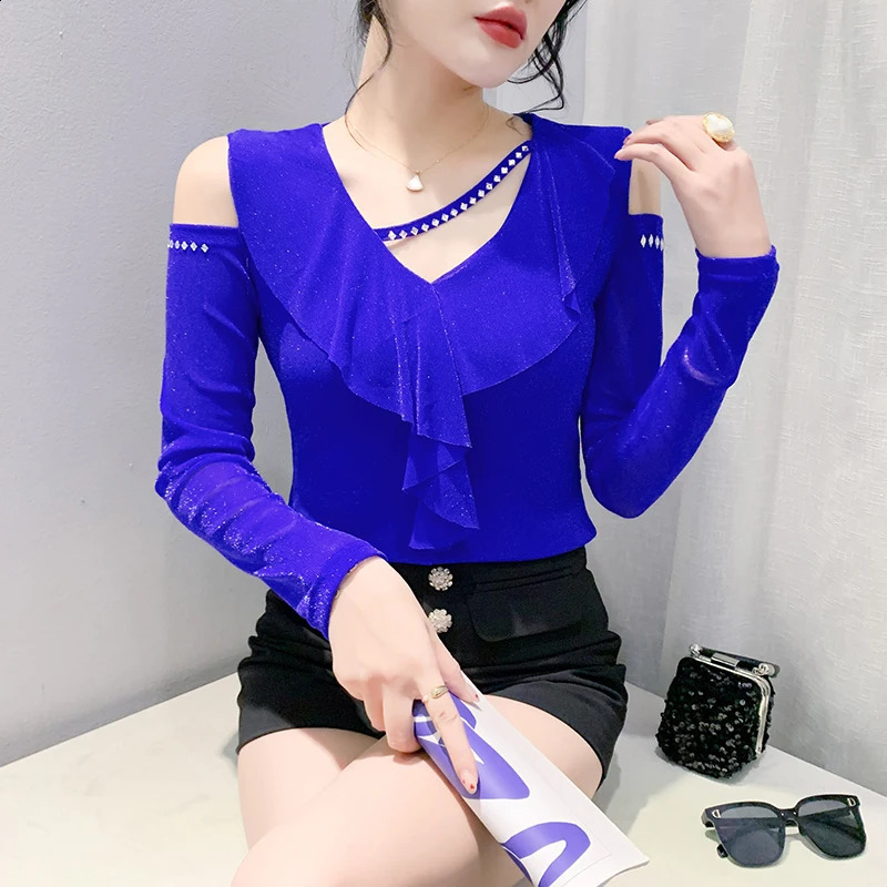 2024 Autumn Korean Mesh Ruffle V-neck Diamond T-shirt Off Shoulder Fashion Long Sleeve Top 240918