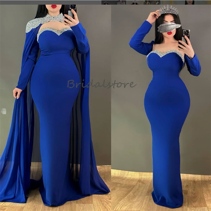 Arabian Abaya Dubai Evening Dress With Cape Elegant Mermaid Prom Dresses 2025 Sequined Long Sleeve Birthday Formal Occasion Morrocan Vestidos de noche