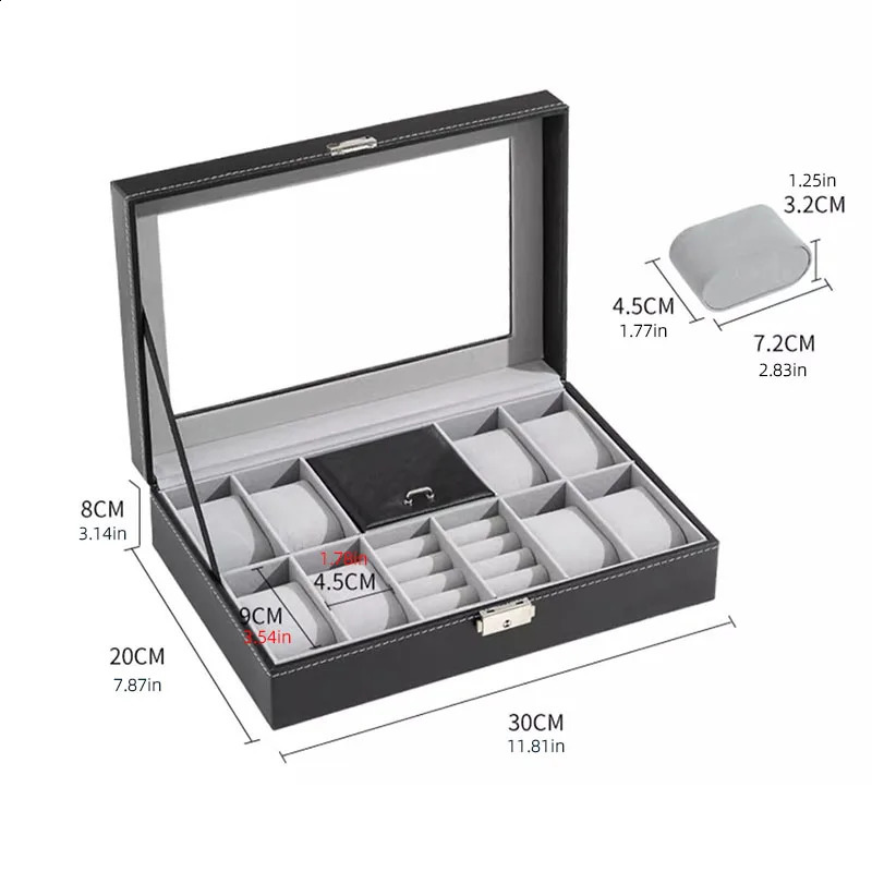 Watch Box 8 Jewelry Box Watch Display Case Organizer Jewelry Trey Storage Box Black PU Leather with Mirror and Lock 240910