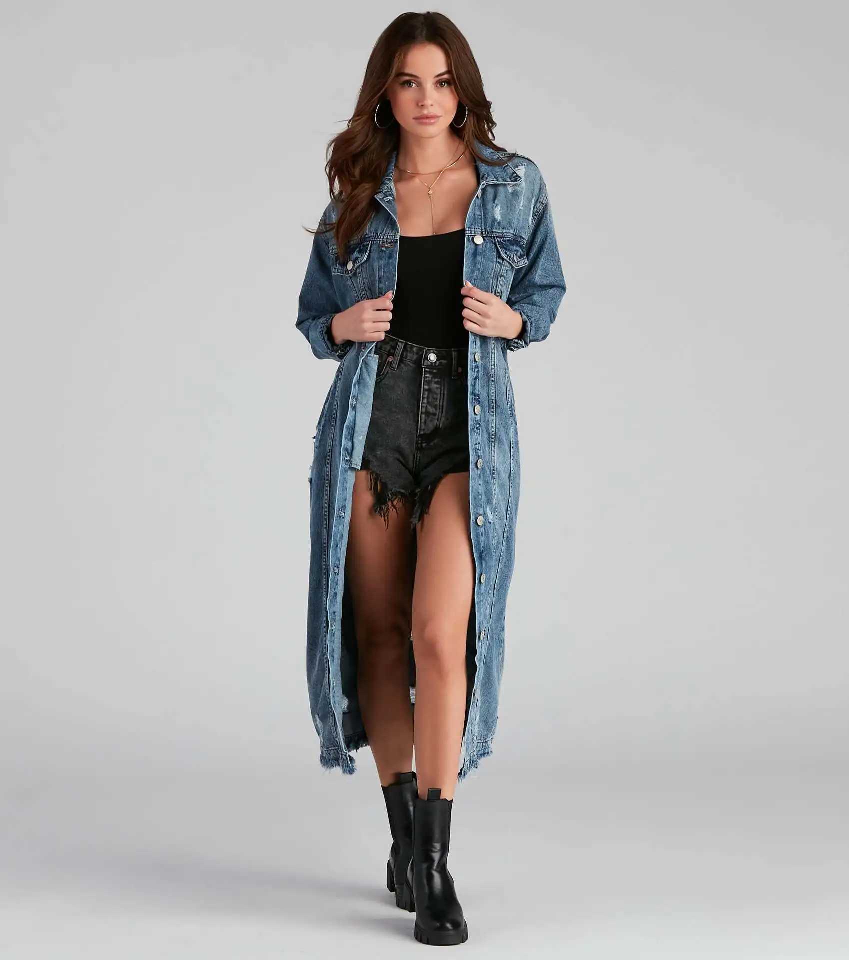 Trench Denim Jackets Single Button Coat Long Sleeve Turn Down Collar Loose Fit Button Solid Washed Distressed Casual PocketsX240921