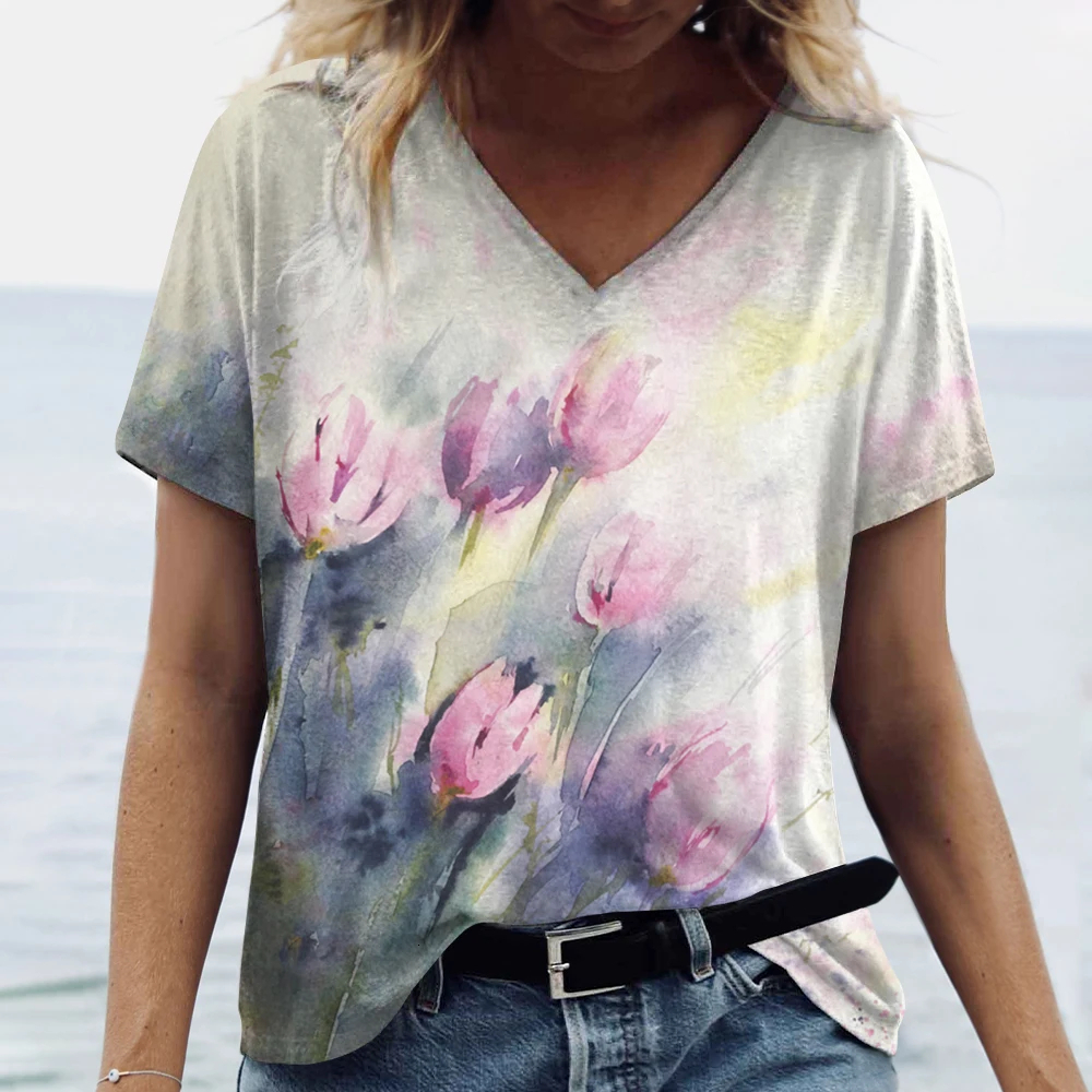 2024 new designer fashionable tulip 3D printed summer casual V-neck shirt retro women's plus size top free shipping