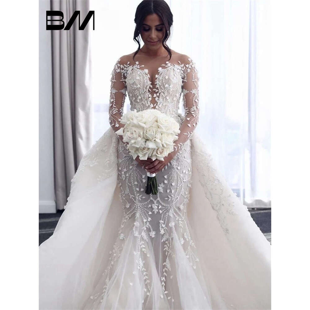 Arabic Long Sleeve Wedding Dresses With Detachable Train Lace Appliques Romantic Bride Dress Vestidos Novia Robe De Mariee