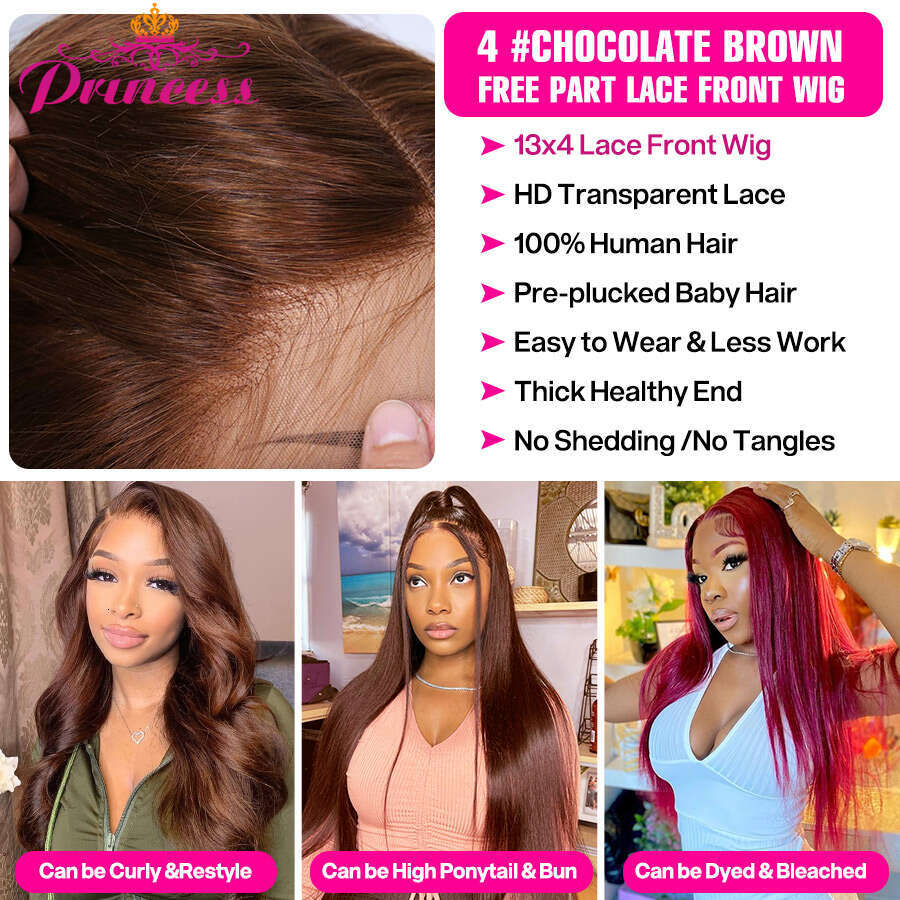 Princess 13x4 Straight Wig Pre Plucked Chocolate Brown HD Lace Front Colored Human Hair Wigs