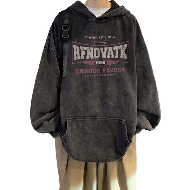 American Washed Pure Cotton Hoodie Men's Winter Trendy Brand Retro Dark Hip-Hop High Street Top Spring And Autumn Coat