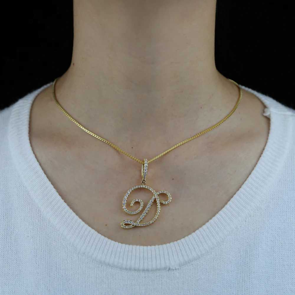 Cursive 26 Initial Letter Pendant Necklace Micro Pave 5A Cubic Zirconia CZ Letter Name Jewelry W240918