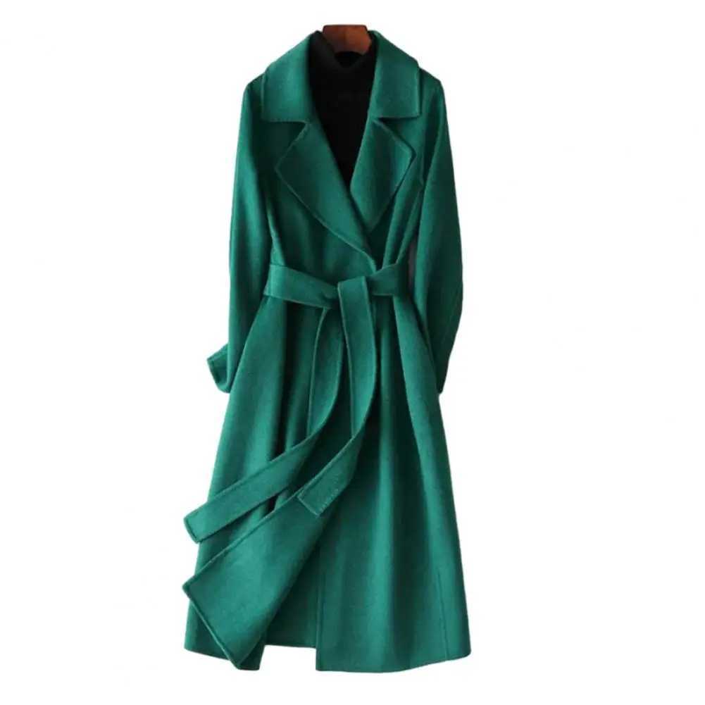 Winter Korean style double chest long black wool coat womens loose lace ribbon green 100% wool coat jacket W240921