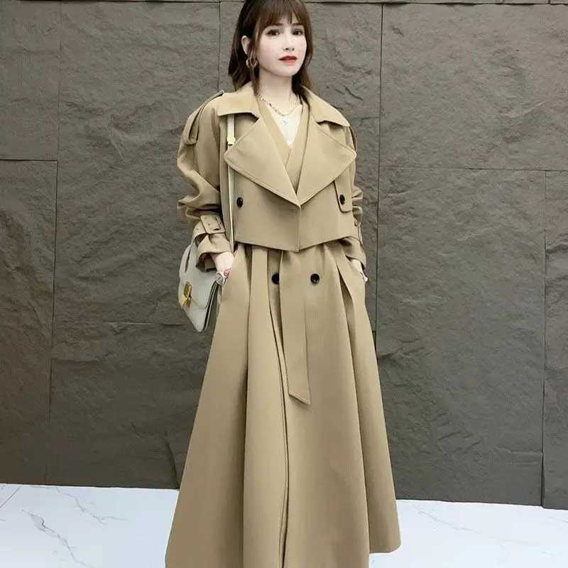 2023 New Two Piece Set Women Trench Coats Long Solid Casual Ladies Windbreaker Black Khaki Size Belt Lapel Clothing Fashion TopsX240921